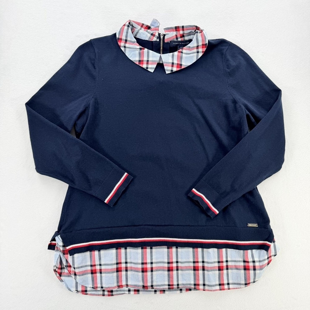 Tommy Hilfiger Sweater Womens XL Blue Plaid Collar Hem Pullover Knit Layered